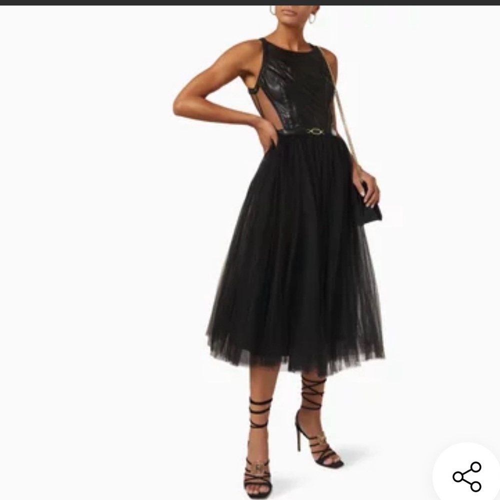 Black Tulle Midi Dress with Sheer Panel Bodice